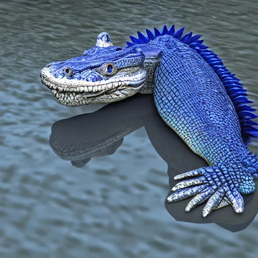 Image similar to photorealistic blue furry alligator on the river side, national georgafic still, animal planer still, 8 k