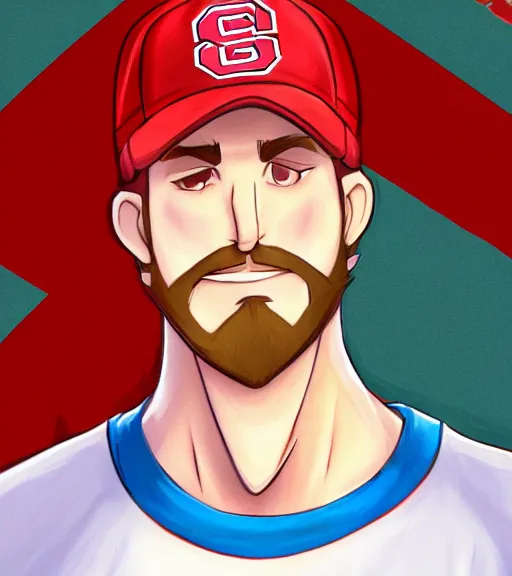 Image similar to tall white guy with a short blonde beard wearing an nc state red baseball cap and red shirt full color digital illustration in the style of don bluth, artgerm, artstation trending, 4 k