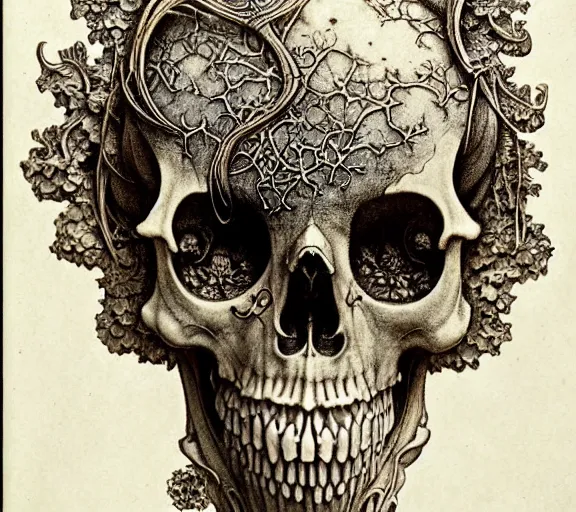 Image similar to memento mori by arthur rackham, art forms of nature by ernst haeckel, exquisitely detailed, art nouveau, gothic, ornately carved beautiful skull dominant, intricately carved antique bone, art nouveau botanicals, ornamental bone carvings, art forms of nature by ernst haeckel, horizontal symmetry, arthur rackham, ernst haeckel, symbolist, visionary