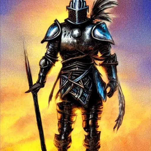 Prompt: a gritty fantasy knight in heavy silver armor holding a large staff standing in a desert, comic book art, fantasy, oil painting, art by jim lee, bright, golden hour, dramatic,