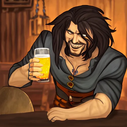 Prompt: Professional painting of Trevor Belmont from Castlevania, enjoying a pint of ale at a tavern, digital art, HDR, happily smiling at the camera, holding the pint of ale, sitting at the bar, warm lantern lighting.