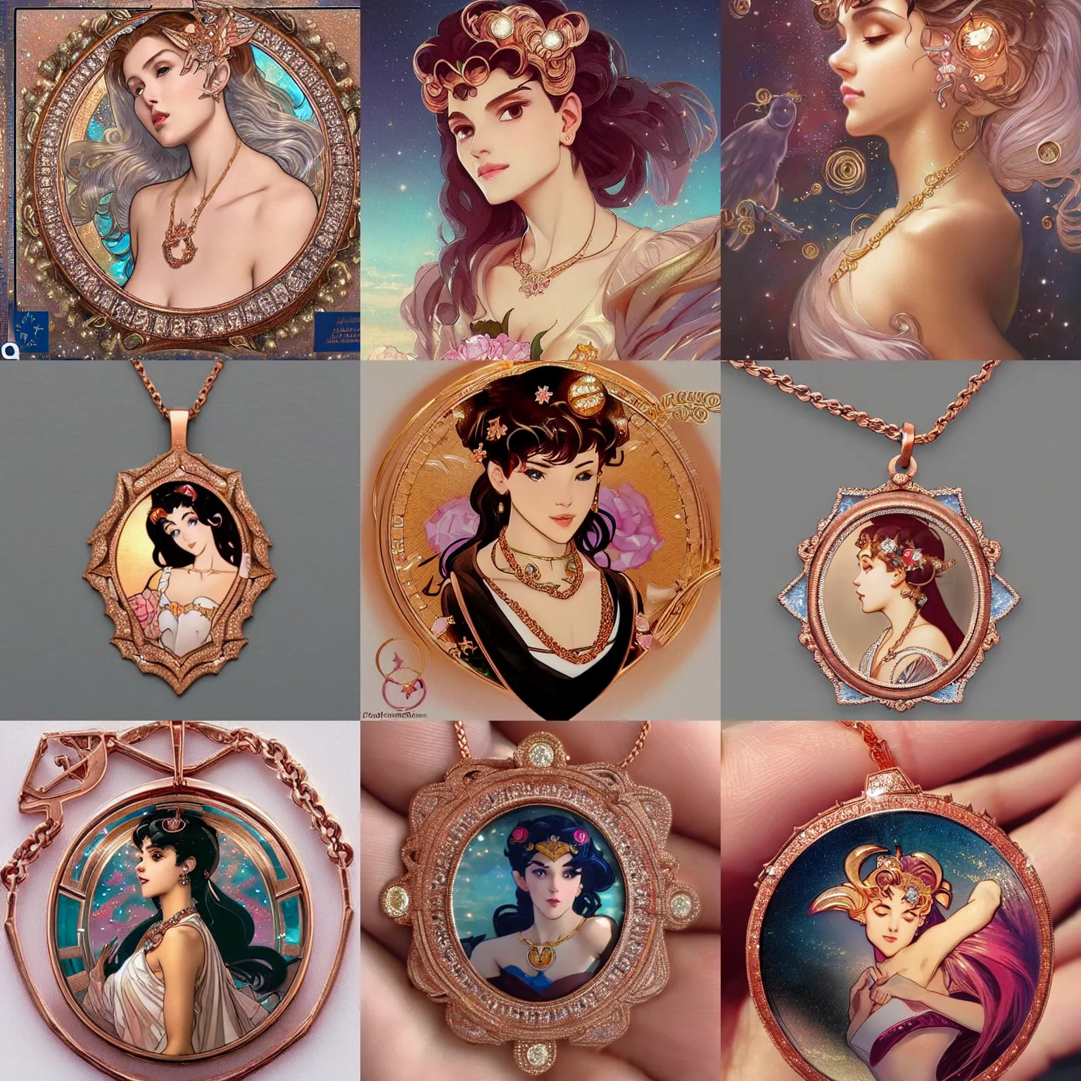 Prompt: a dramatic beautiful soul touching Tiffany Diamond Necklace made of rose gold glowing in sparkles with heavenly notes Neo Rococo highly detailed sailor moon aesthetic matte sharp focus Artgerm and Greg Rutkowski and Alphonse Mucha