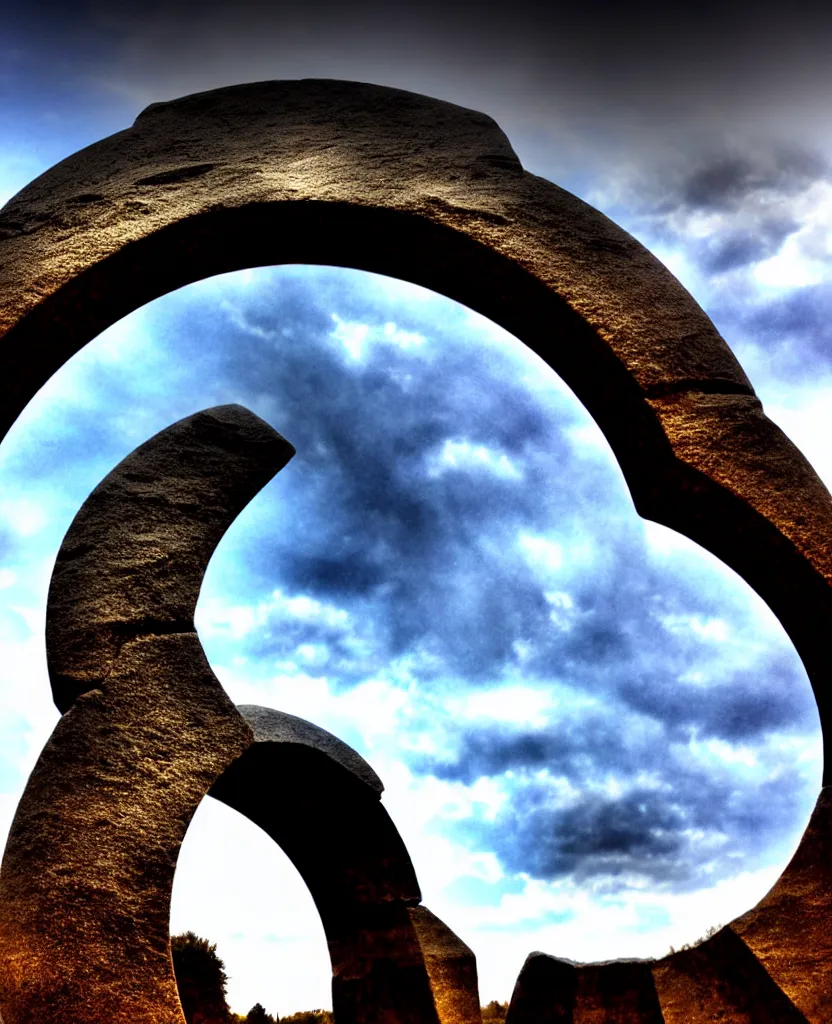 Image similar to stargate made of stone that form a circle, cinematic view, epic sky