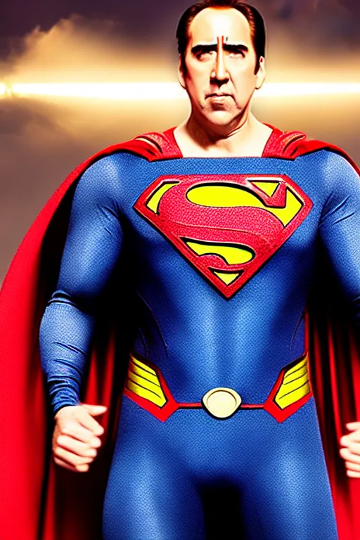 Image similar to nicholas cage as superman, superhero movie, dramatic, studio lighting