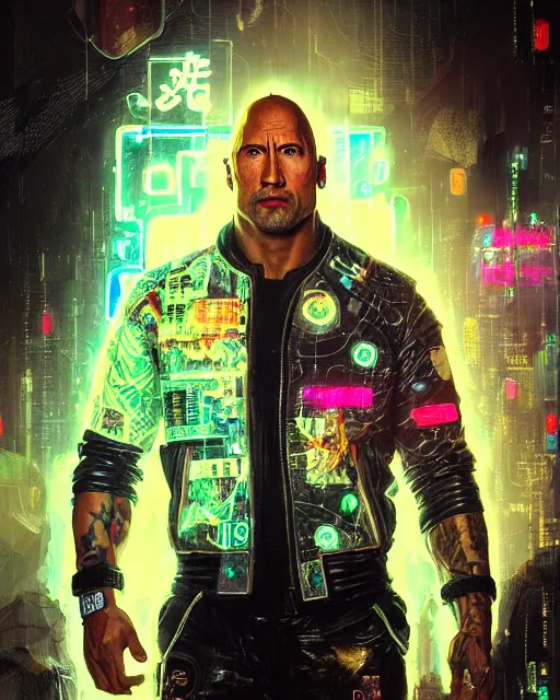 Image similar to detailed portrait Dwayne Johnson, cyberpunk futuristic neon, reflective leather jacket, decorated with traditional Japanese ornaments by Ismail inceoglu dragan bibin hans thoma greg rutkowski Alexandros Pyromallis Nekro Rene Maritte Illustrated, fine details, realistic shaded