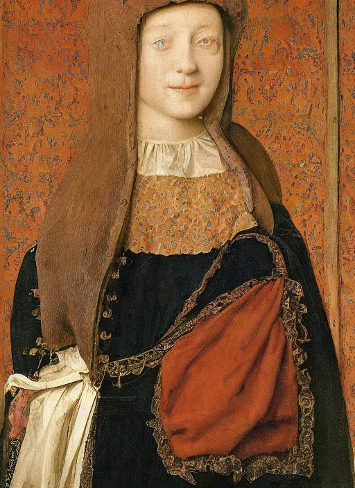 Image similar to half - length portrait of young woman in medieval dress, art by jan van eyck,