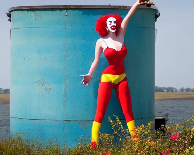 Image similar to clown girl android standing on a water tank