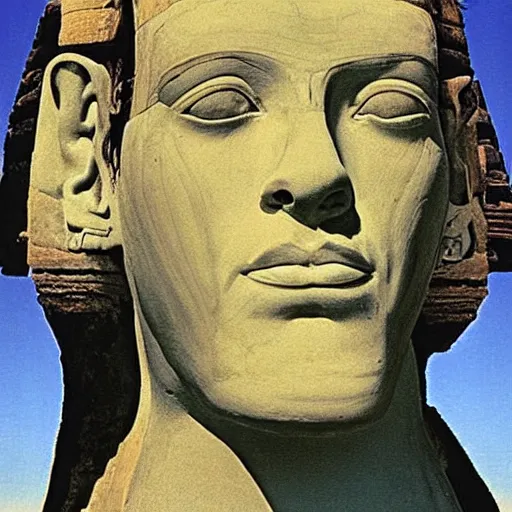 Image similar to john cleese as the sphinx, the sphinx with the head of john cleese, young john cleese's head on the sphinx, painting by salvador dali