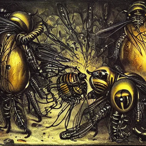 Prompt: bumblebees attacking sleeping people in hell, art by bosch and h. r. giger, highly detailed, masterpiece