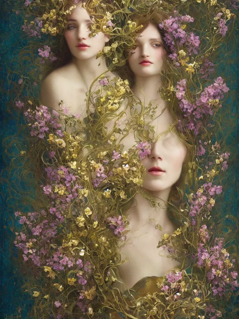 Image similar to a digital painting of a single young beautiful woman, surrounded by flowers, dark pastel color scheme, jugendstil background, gold filigree, by karol bak, by emil melmoth, by Daniel Gerhartz, trending on artstation