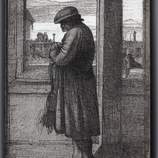 Prompt: a man missing the bus in the morning, by leonardo da vinci