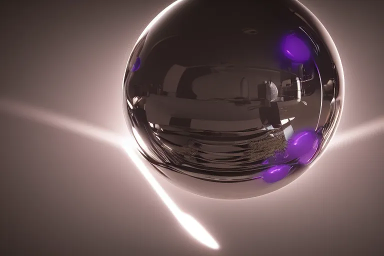 Prompt: light rays reflected off a smooth chrome orb, cinematic, dusty, atmospheric, depth of field, photorealistic, cgi, 3 d, octane render, purple and grey tones, splash page