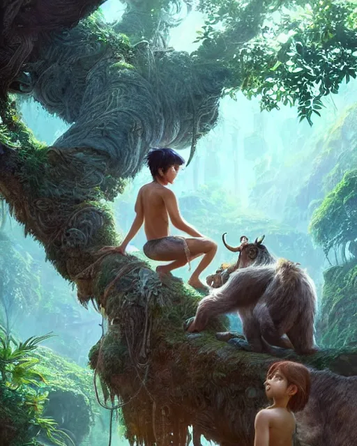 Image similar to still from the jungle book if made by krenz cushart and wenjun lin, portrait, illustration, rim light, top light, summer clear blue sky, perfectly shaded, soft painting, epic, intricate, art