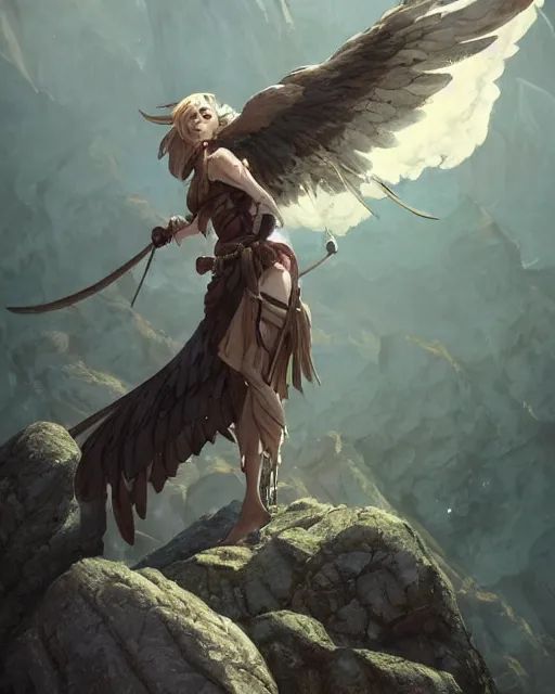 Image similar to a female anthropomorphic eagle warrior standing heroically on a rock. trees. She has two wings at her back. Atmospheric lighting, By Makoto Shinkai, Stanley Artgerm Lau, WLOP, Rossdraws, James Jean, Andrei Riabovitchev, Marc Simonetti, krenz cushart, Sakimichan, D&D trending on ArtStation, digital art.