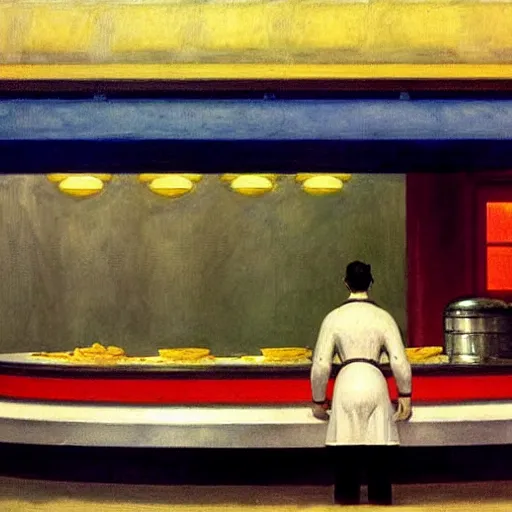 Image similar to the engineer from the movie prometheus, wearing a soiled apron, service shirt order foor in a cyberpunk diner, art by edward hopper, high quality film stock, noir lighting