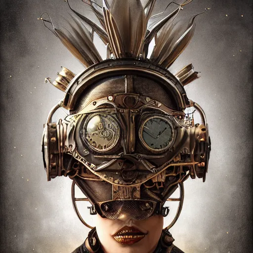 Image similar to dan mumford tom bagshaw, dream world curiosities carnival flying, photorealistic octane render of a single very beautiful helmet full long steampunk metallic armored ornate female, accurate features, focus, very intricate ultrafine details, award winning masterpiece, steampunk world spikes