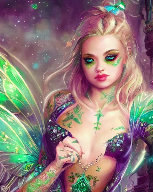 Prompt: a close - up of beautiful tattooed blonde fairy wearing a magical emerald leotard, disneyland background, hyper realistic face, green eyes, fantasy art, in the style of greg rutkowski, illustration, epic, fantasy, intricate, hyper detailed, artstation, concept art, smooth, sharp focus, vibrant