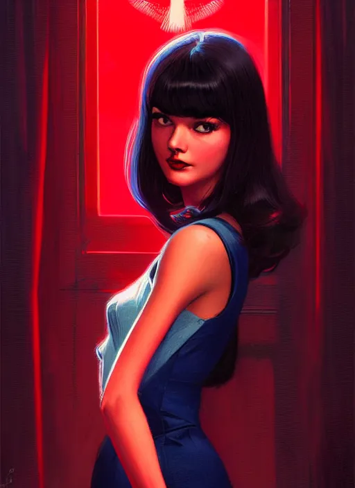 Image similar to portrait of veronica lodge with bangs, 1 9 6 0 s, long hair, red clothes, bangs, intricate, elegant, glowing lights, highly detailed, digital painting, artstation, concept art, smooth, sharp focus, illustration, art by wlop, mars ravelo and greg rutkowski