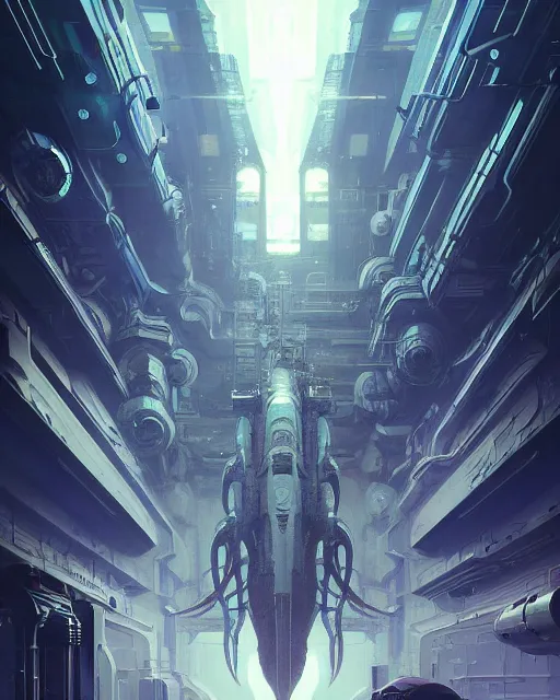 Image similar to Full shot of a spaceship squid defined factory features, intricate abstract. cyberpunk, symmetrical design features. By Richard Corben By Ruan Jia and Artgerm and Range Murata and WLOP and Ross Tran and William-Adolphe Bouguereau and Beeple. Key Art. Fantasy Illustration. award winning, Artstation, intricate details, realistic, Hyperdetailed, clean ink detailed line drawing, 8k resolution.