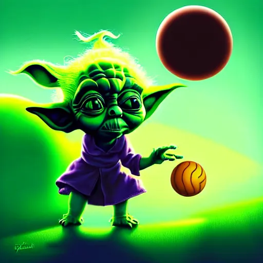 Image similar to curled perspective digital art of curly brown hair baby girl playing ball with yoda by anton fadeev from nightmare before christmas