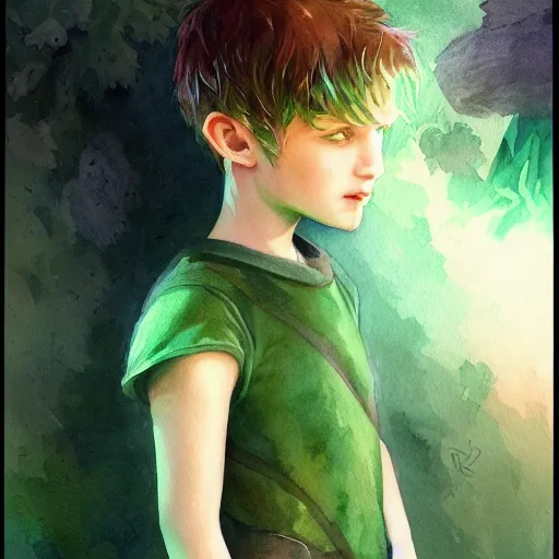 Image similar to child, young boy, green hair, short hair, happy, intricate, ethereal, highly detailed, sharp focus, artstation, watercolor, by charlie bowater and ross tran