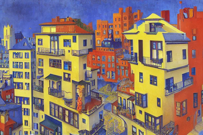 Image similar to unique shops, apartment towers, and cute townhouses along a city street, oil painting by edvard munch, mc escher, stanislaw beksinski, makoto shinkai, jim woodring, aldemir martins, nicholas roerich