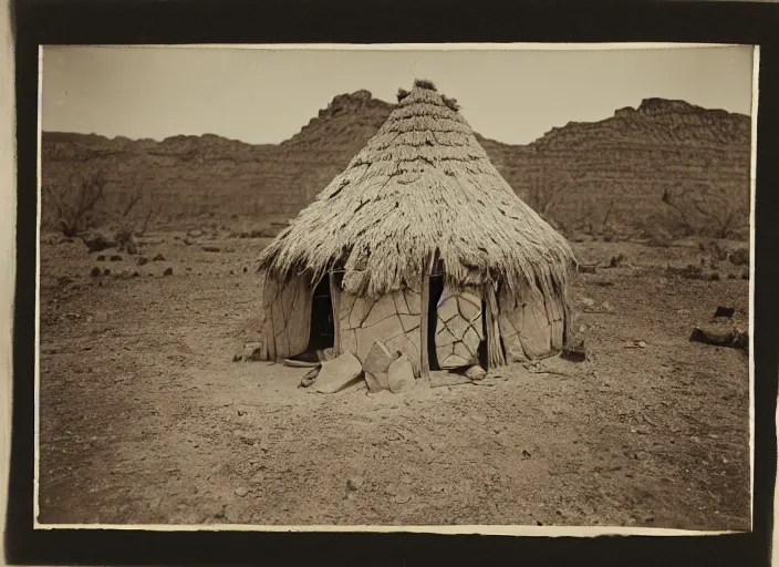 Prompt: Photograph of a hexgonal navajo hogan house, with dirt walls and roof, albumen silver print, Smithsonian American Art Museum