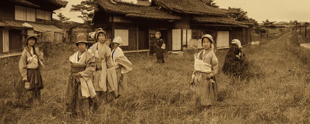 Image similar to rural 1 8 0 0 s japanese countryside, bountiful spaghetti, ultra - realistic faces, fine detail, canon 5 0 mm, in the style of ansel adams, wes anderson, kodachrome, retro