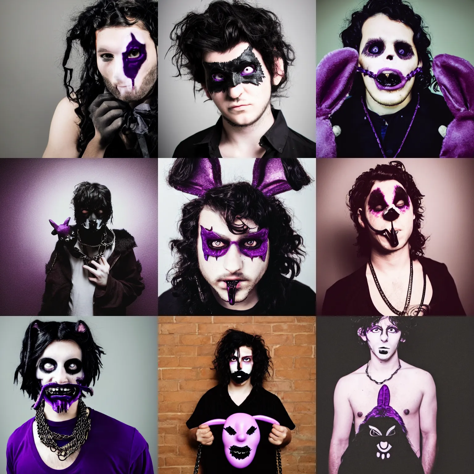 Prompt: Photo of a young mysterious man with curly dark hair wearing black clothes and emo chains, holding a purple, demonic and broken in half bunny mask that only covers the right eye and mouth in front of his face, film photography