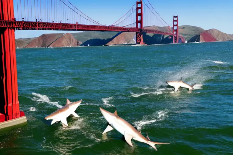 Prompt: golden gate bridge with sharks in water,