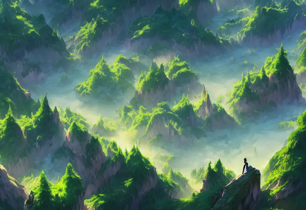 Prompt: high view of the background of a forest that has an endless pit in the bottom of the image, visible brush strokes, forest, dynamic lighting, aesthetics, smooth, d & d, fantasy, asymmetrical, elegant, matte painting, by makoto shinkai borderlands and by feng zhu rossdraws, fan art, cartoon style