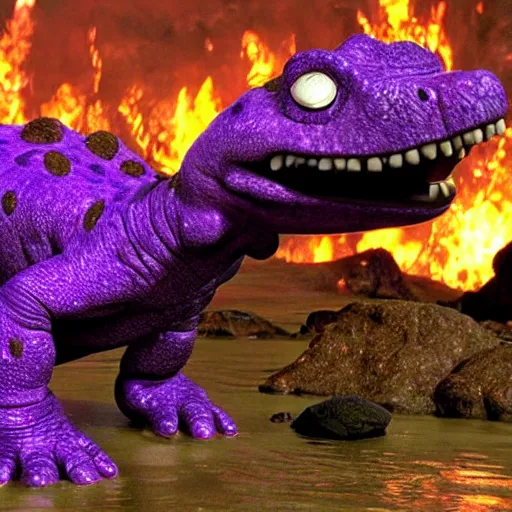 Image similar to Barney the purple dinosaur drowning in lava clutching the one ring, high resolution movie still, film by Peter Jackson