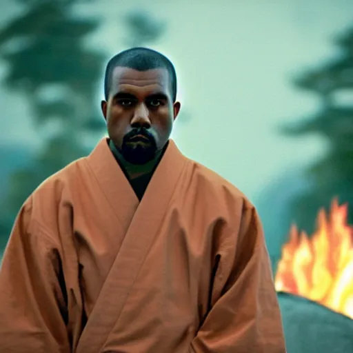 Prompt: cinematic film still of Kanye West starring as a Japanese Sensei with fire, Japanese CGI, VFX, 2003, 40mm lens, shallow depth of field, film photography