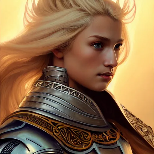 Image similar to Portrait of a female Paladin with blonde hair wearing a heavy knight armor, face, fantasy, intricate, elegant, highly detailed, digital painting, artstation, concept art, smooth, sharp focus, illustration, art by Wei Fan and Fernanda Suarez and Artem Demura and alphonse mucha