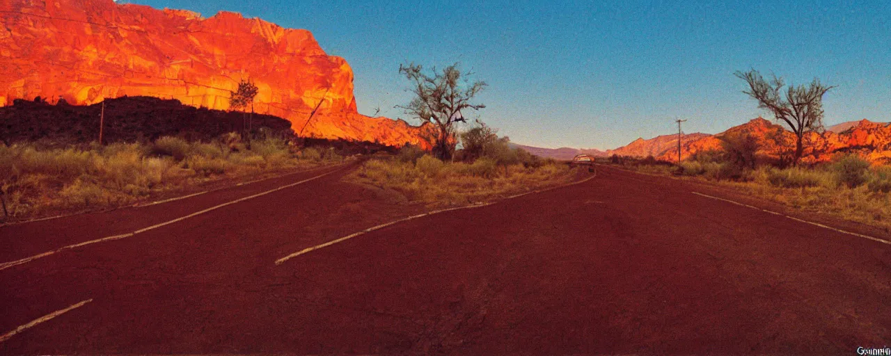 Image similar to spaghetti advertisement, highway 5 0, arizona, sunset, canon 2 0 mm, shallow depth of field, kodachrome, in the style of david hockney