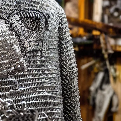 Image similar to detailed painting of a chainmail shirt on top of a blacksmith's anvil