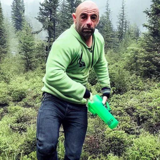 Prompt: Joe Rogan carrying a giant syringe of full of green liquid that says \'IVERMECTIN\' while riding atop an elk