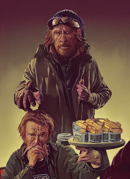 Prompt: poster artwork by Michael Whelan and Tomer Hanuka, Karol Bak of Chuck Norris is the local homeless man in the small town, from scene from Twin Peaks, clean