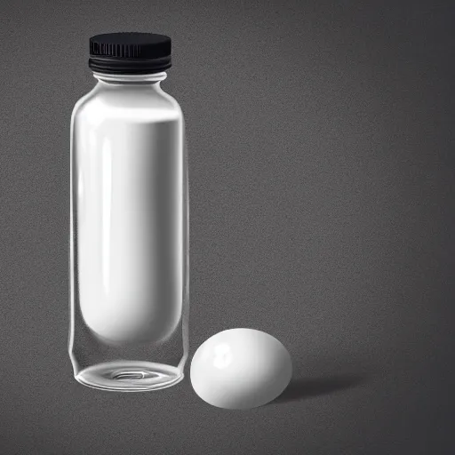 Image similar to concept art of a dietary supplement in a transparent round bottle filled with milk, black top, by aenaluck, artgerm, greg rutkowski, white tones, white background, digital painting, artstation, concept art, smooth, sharp foccus ilustration hq