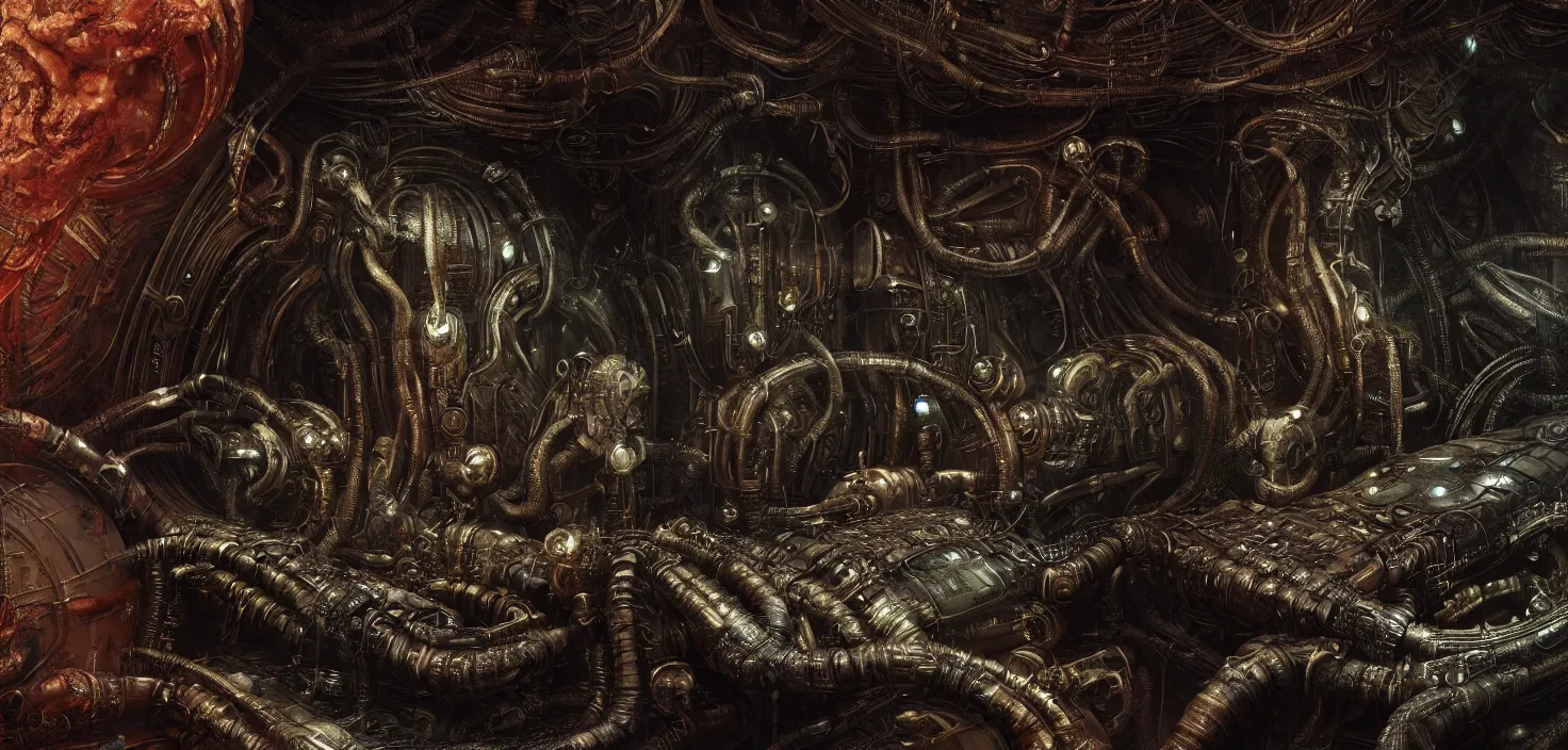 Image similar to Prometheus biological steampunk environment set close-up, diselpunk sleep capsule close-up, in a nightmarish universe of odd forms and somber tapestry, HR Giger and Vincent Di Fate, vivid color scheme, featured in artstation, octane render, cinematic, elegant, intricate, 8k