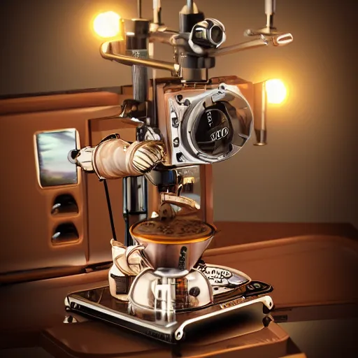 Prompt: dslr photo of a steampunk robotic espresso machine with small scientific gears, android coffee shop, 4 k, photorealistic, cycles render, unreal engine, cafe lighting, cinematic,