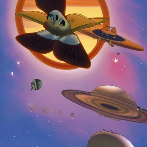 Image similar to a mouse with clockwork wings flying past Jupiter, Don Bluth