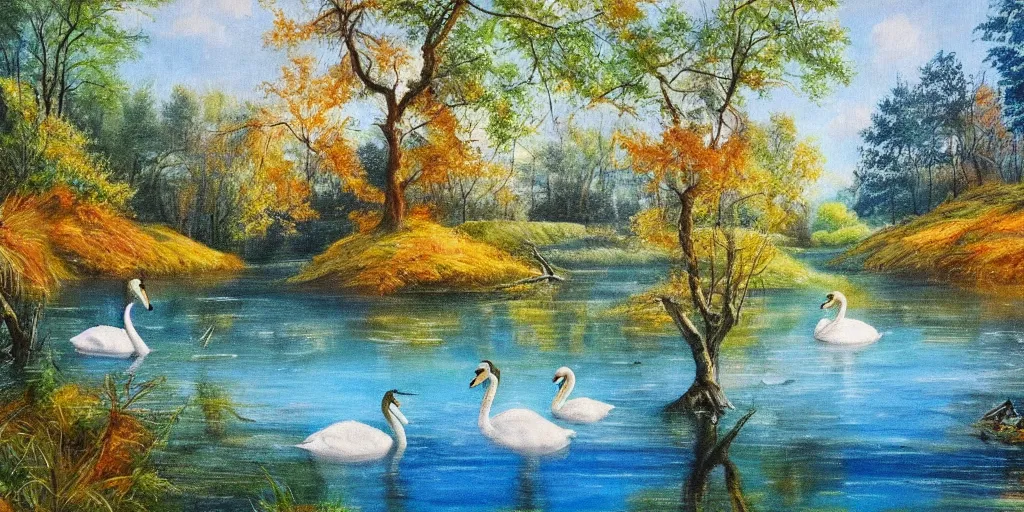 Image similar to painting of a small lake with one swans in it, in a forest, blue water, stunning colors, fairytale