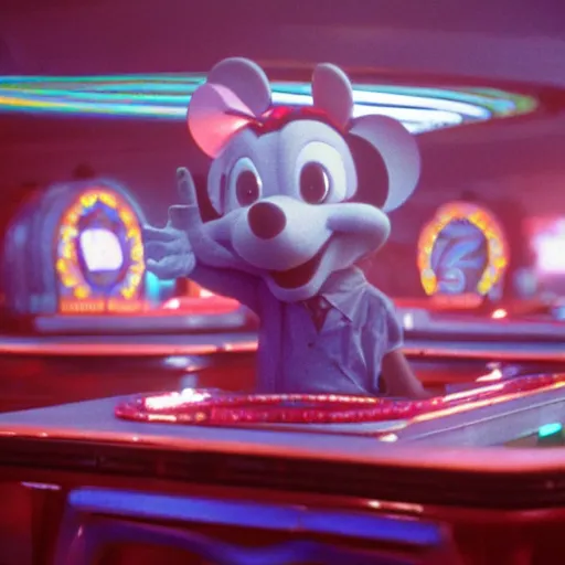 Image similar to Still of Chuck E. Cheese mouse mascot, casino interior, in the movie Blade Runner, cinematic lighting, 4k