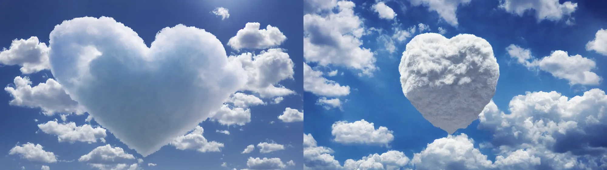 Image similar to huge cream fluffy soft cloud heart on blue clear sky, detailed, hyper realism, photo, realistic, soft volume absorbation, volume light, view up, diffused lights, ultra realism, cinematic, film