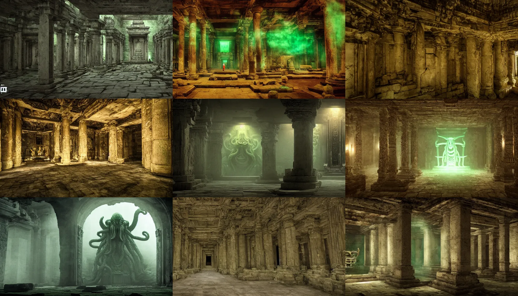 Image similar to cinematic film still, inside an huge ancient temple, Cthulhu, ancient, green ambient light, light mist, lovecraftian 4k C 10.0