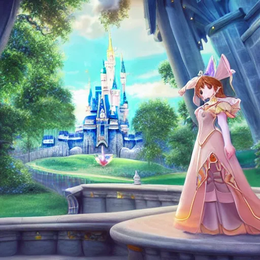 Image similar to a pleasant, beautiful, funny, smooth 3D CG render, semirealistic anime style, a noble priestess magician princess girl wearing dress and jewelry, in a glorious magic kingdom with castle and walls, relaxing calm vibes, fairytale