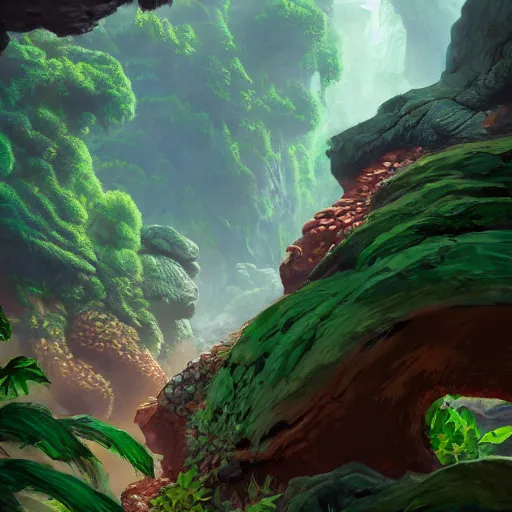 Image similar to Canyon in the jungle with corals and dinosaur dkeletons, 8k, detailed, concept art, trending on artstation