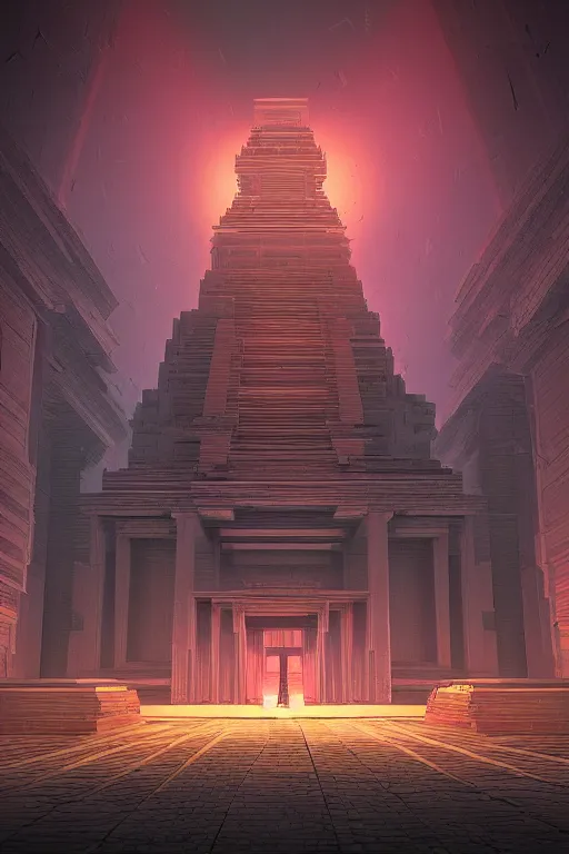 Prompt: Artwork by Beeple of the cinematic view of the Temple of Infernal Writings.