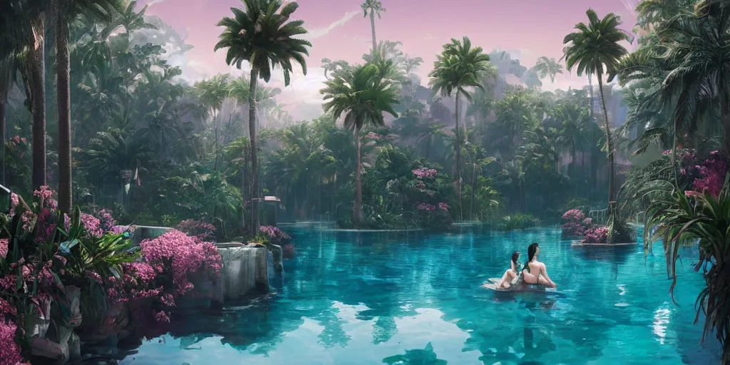 Prompt: artgem and greg rutkowski masterpiece, hyperrealistic surrealism, award winning masterpiece with incredible details, epic stunning, infinity pool, a surreal vaporwave liminal space, highly detailed, trending on ArtStation, calming, meditative, pink arches, palm trees, very vaporwave, very very surreal, sharp details, dreamscape